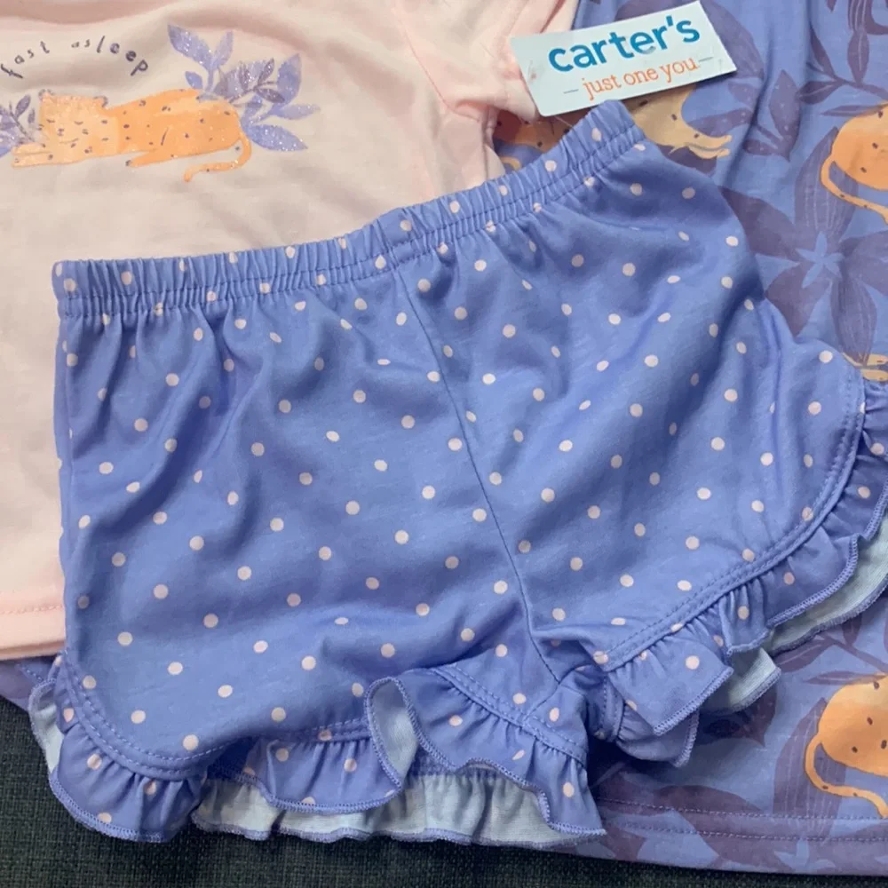 Carters NEW 3 Piece Shirt Shorts Dress Pink Purple 12 Mths Graphic “Fast Asleep”
